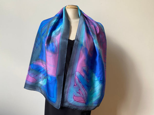 Handpainted silk shawl, blue and pink