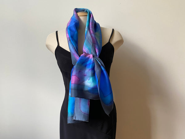 Handpainted silk shawl, blue and pink