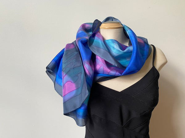 Handpainted silk shawl, blue and pink