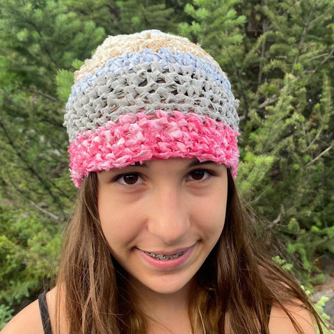 Hand crocheted silk hat made from repurposed painted silk strings. Bad hair day hat. Town hat.