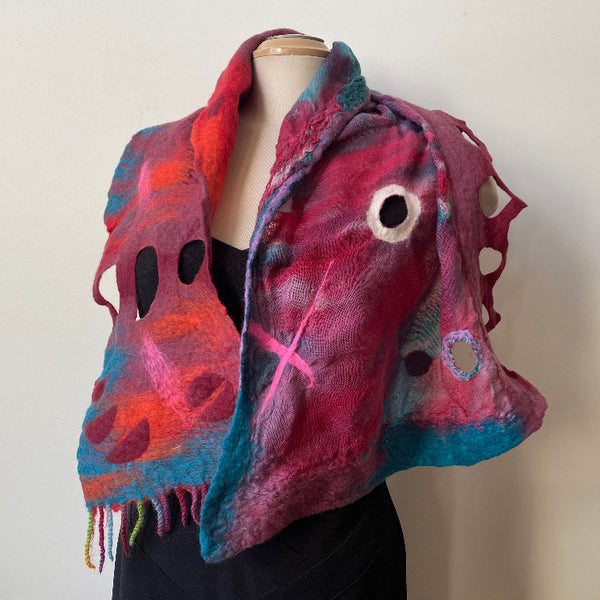 Red hand painted and hand felted wool art scarf. Art to wear.