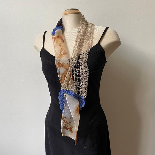 Unique art scarf, crocheted from linen yarn and other yarns, eco-dyed silk, art to wear