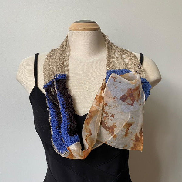 Unique art scarf, crocheted from linen yarn and other yarns, eco-dyed silk, art to wear