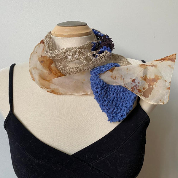 Unique art scarf, crocheted from linen yarn and other yarns, eco-dyed silk, art to wear