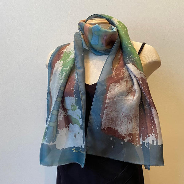 Olive green batik silk art scarf, designer scarf, art to wear, rozome