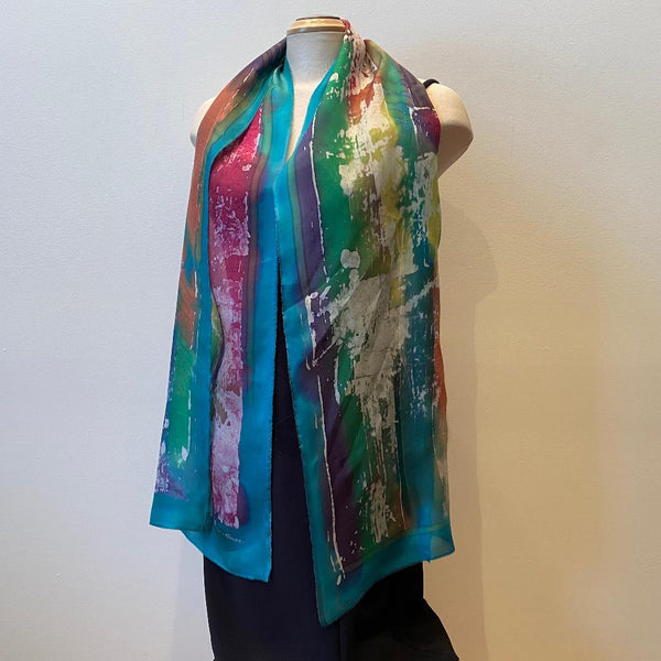 Batik silk green designer scarf, art to wear, rozome