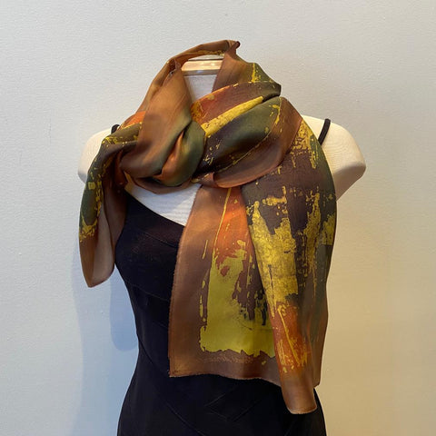 Large brown batik silk designer scarf, art to wear. art scarf, hand painted