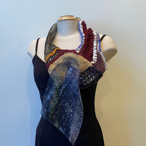 Unique hand crocheted and hand-painted scaf from a mixture of yarns. designer scarf, art to wear.