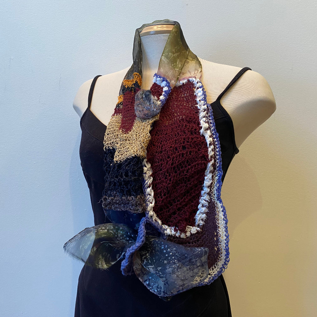 Unique hand crocheted and hand-painted scaf from a mixture of yarns. designer scarf, art to wear.