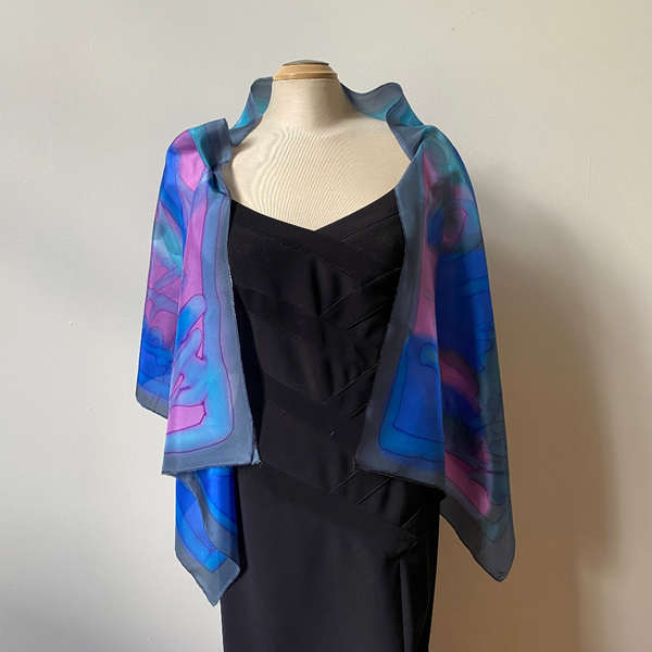 Handpainted silk shawl, blue and pink