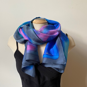 Handpainted silk shawl, blue and pink