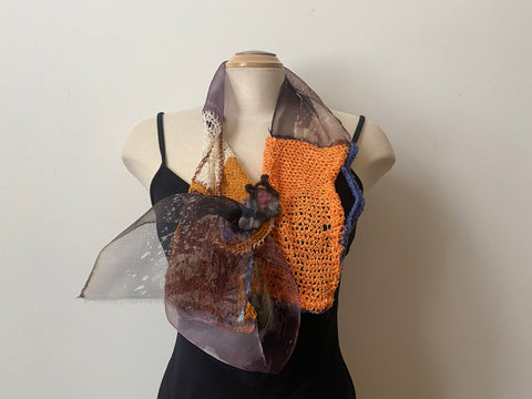 Hand-painted silk and hand-crocheted art shawl, formal wear, art to wear. A designer scarf in beiges, browns, orange and a touch of blue.