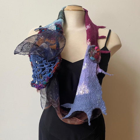 Unique art scarf made from handpainted silk, hand felted wool and finished with the free art crochet.