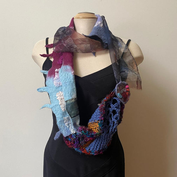 Unique art scarf made from handpainted silk, hand felted wool and finished with the free art crochet.