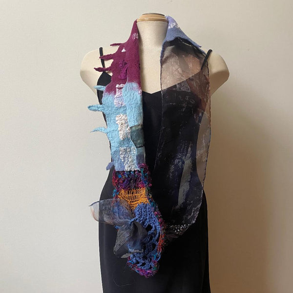 Unique art scarf made from handpainted silk, hand felted wool and finished with the free art crochet.