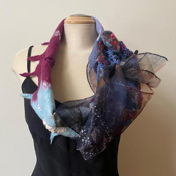 Unique art scarf made from handpainted silk, hand felted wool and finished with the free art crochet.