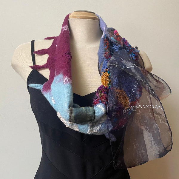 Unique art scarf made from handpainted silk, hand felted wool and finished with the free art crochet.