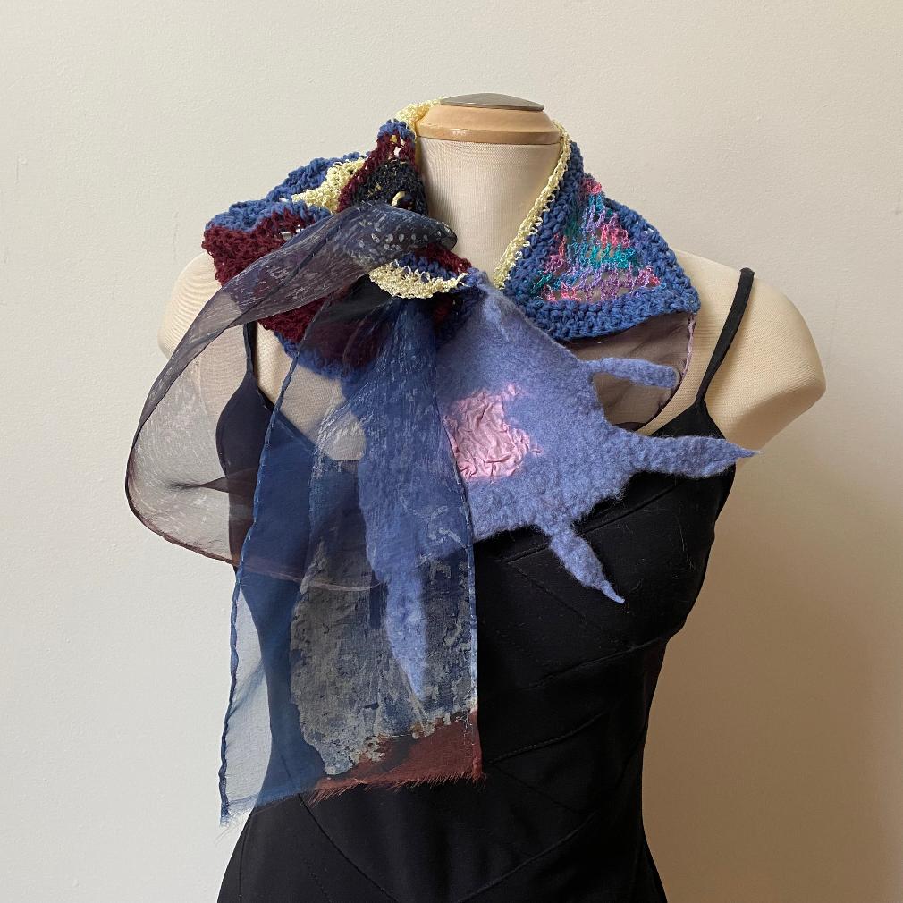 Unique scarf collaged from batiik silk, handmade felt and crochet. Art-to-wear