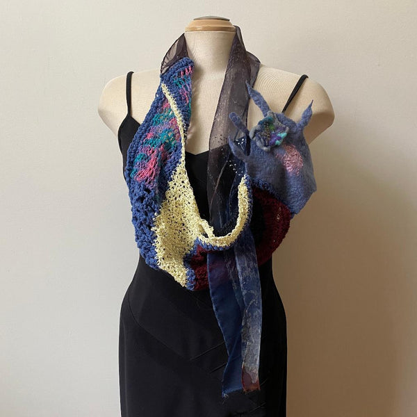 Unique scarf collaged from batiik silk, handmade felt and crochet. Art-to-wear