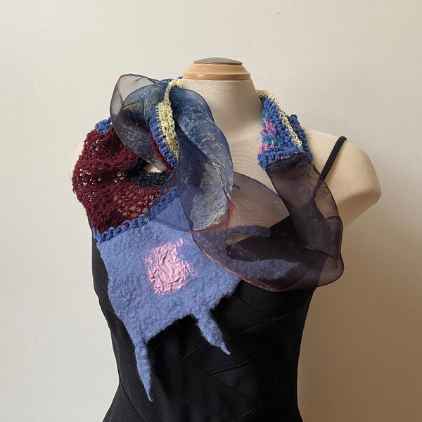 Unique scarf collaged from batiik silk, handmade felt and crochet. Art-to-wear