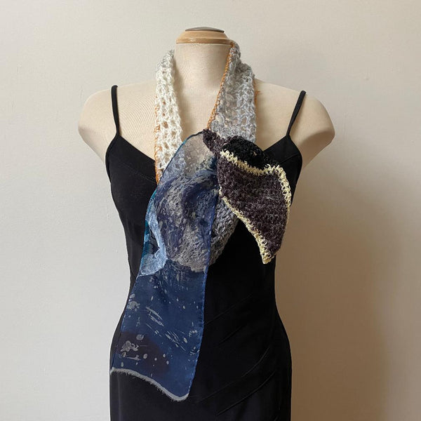 Unique scarf in muted clours, art to wear, free crochet and batik silk