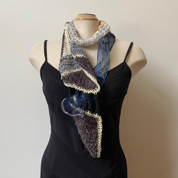 Unique scarf in muted clours, art to wear, free crochet and batik silk