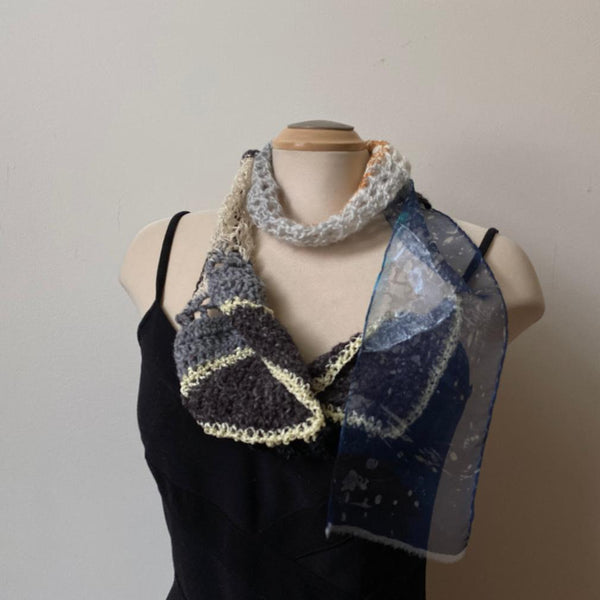 Unique scarf in muted clours, art to wear, free crochet and batik silk