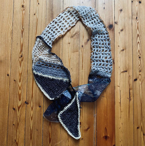 Unique scarf in muted clours, art to wear, free crochet and batik silk