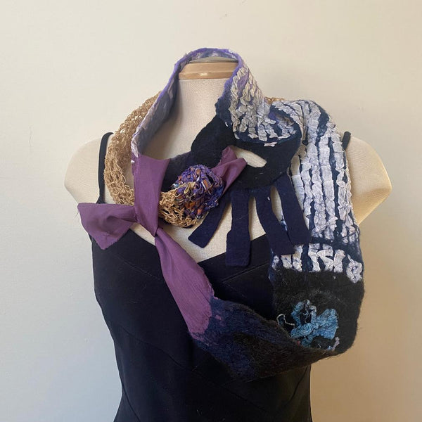 Unique hand felted and crochet scarf, made of silk, merino wool and cotton yarn. Can be tied in many different ways.