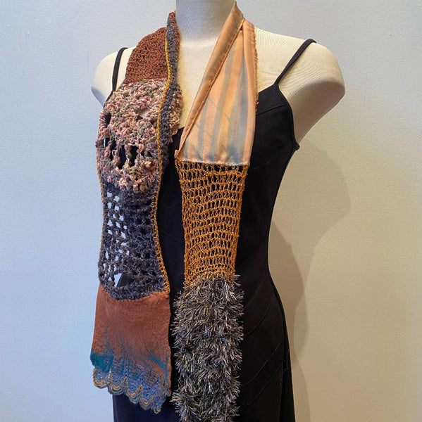 Unique hand painted, hand felted and hand crochet art scarf, art to wear, designer art scarf, with hand-felted pin