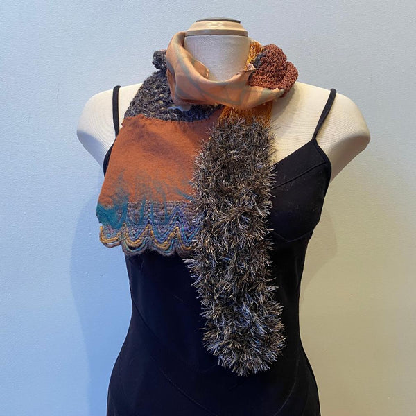 Unique hand painted, hand felted and hand crochet art scarf, art to wear, designer art scarf, with hand-felted pin