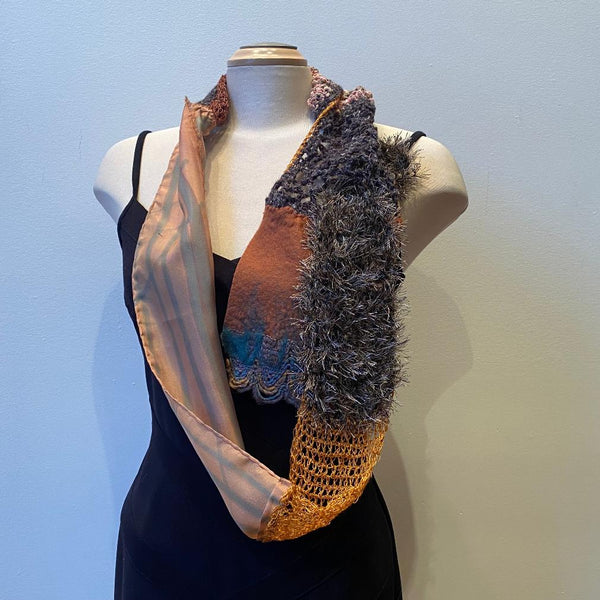 Unique hand painted, hand felted and hand crochet art scarf, art to wear, designer art scarf, with hand-felted pin