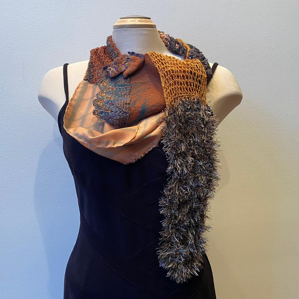 Unique hand painted, hand felted and hand crochet art scarf, art to wear, designer art scarf, with hand-felted pin