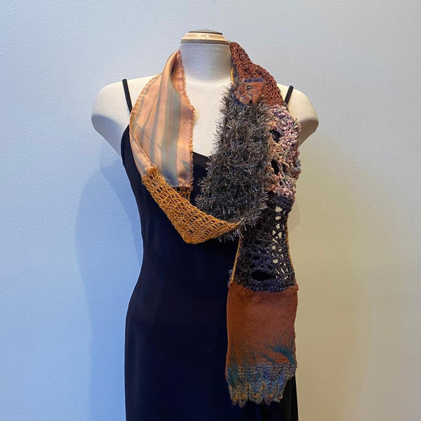 Unique hand painted, hand felted and hand crochet art scarf, art to wear, designer art scarf, with hand-felted pin