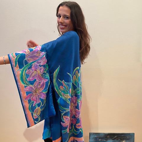 Blue hand painted silk kimono with flowers, art to wear