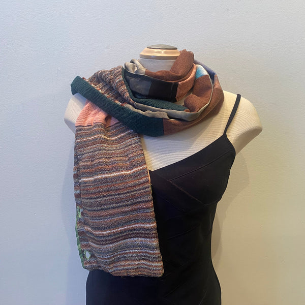 Brown one of a kind art scarf from repurposed fabrics, art to wear, designer scarf