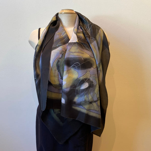 Black, grey and taupe hand painted silk shawl, art to wear. Designer art scarf.