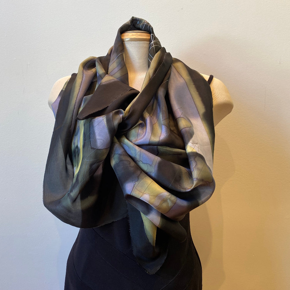 Black, grey and taupe hand painted silk shawl, art to wear. Designer art scarf.