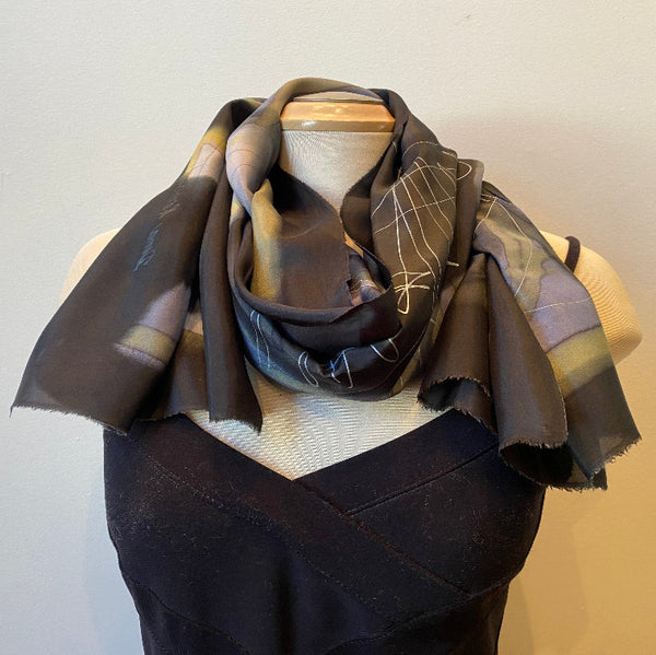 Black, grey and taupe hand painted silk shawl, art to wear. Designer art scarf.