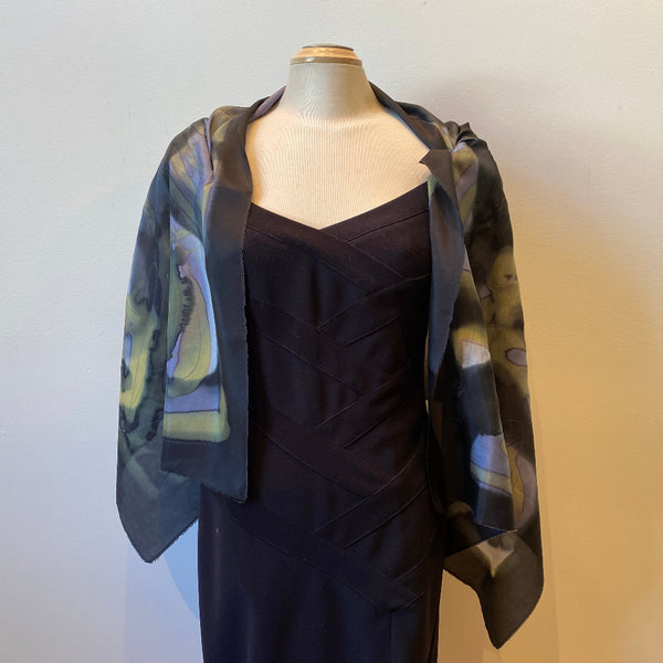 Black, grey and taupe hand painted silk shawl, art to wear. Designer art scarf.