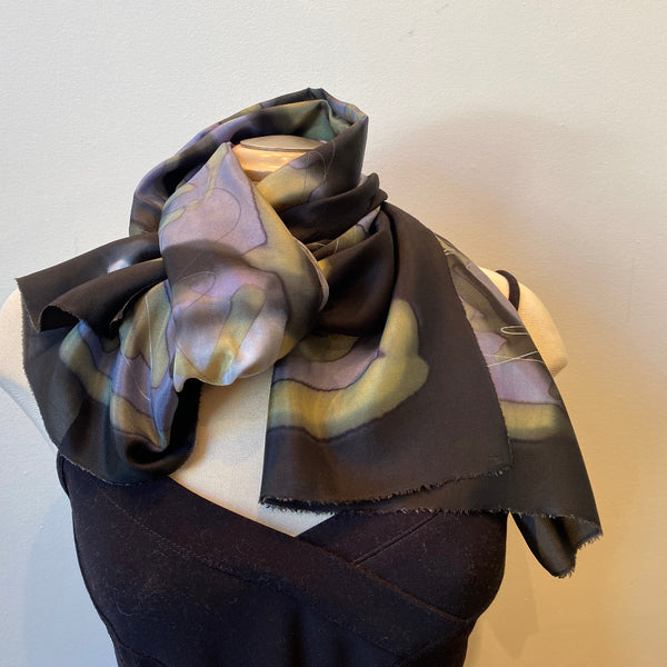 Black, grey and taupe hand painted silk shawl, art to wear. Designer art scarf.