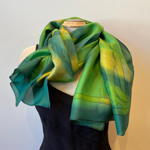 Green hand painted large silk shawl, art to wear. Designer art scarf.