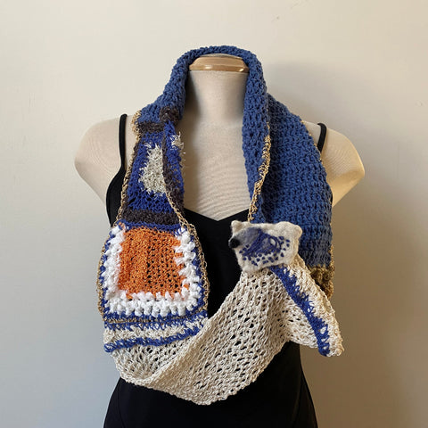 One-of-a-kind free crochet shawl, art to wear. Boho scarf. Hand-felted pin is included.