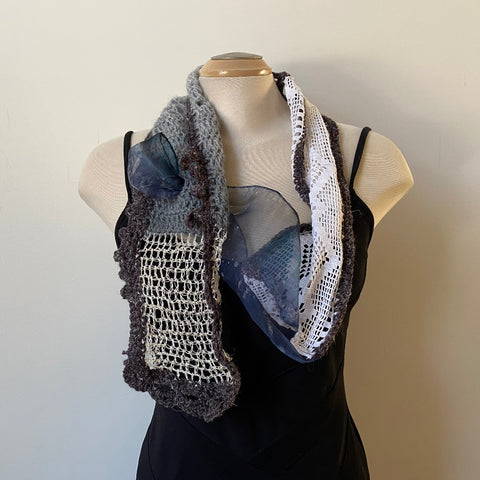 Black and white hand painted and hand crochet art scarf. Designer scarf, art to wear.