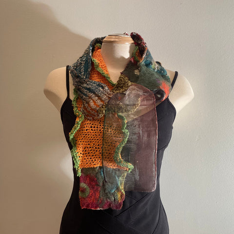 Art to wear scarf. Hand-painted silk, hand felted wool and free crochet. One-of-a-kind.