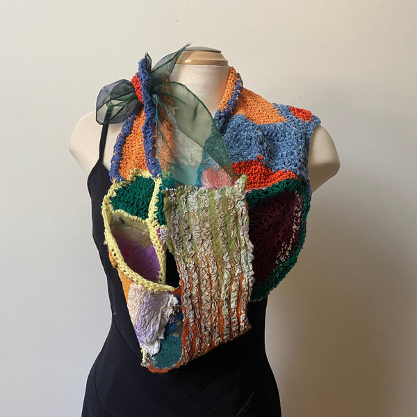 Hand painted, hand felted and hand crochet art scarf, collage scarf