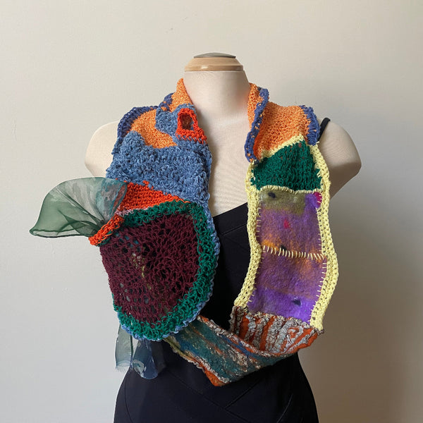 Hand painted, hand felted and hand crochet art scarf, collage scarf