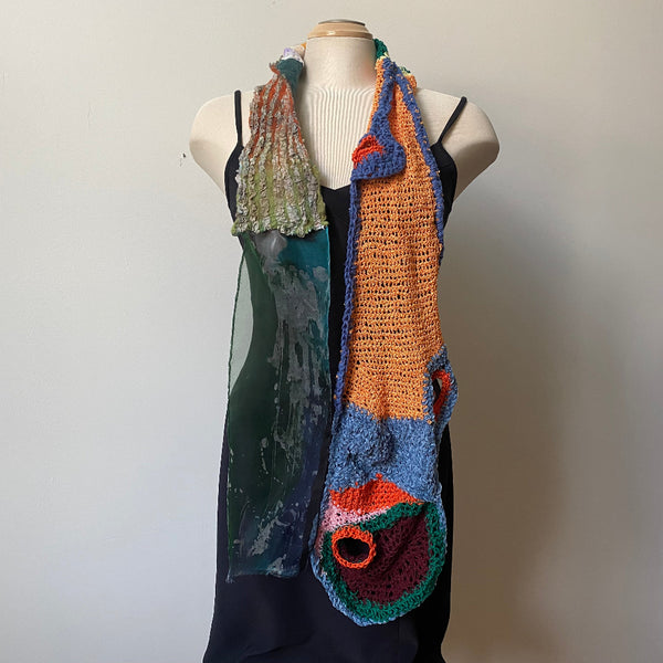 Hand painted, hand felted and hand crochet art scarf, collage scarf