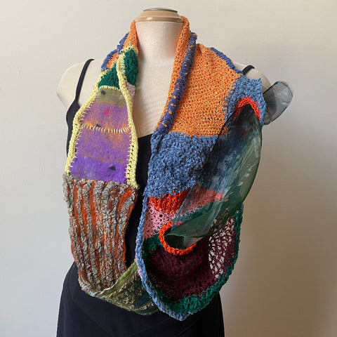 Hand painted, hand felted and hand crochet art scarf, collage scarf