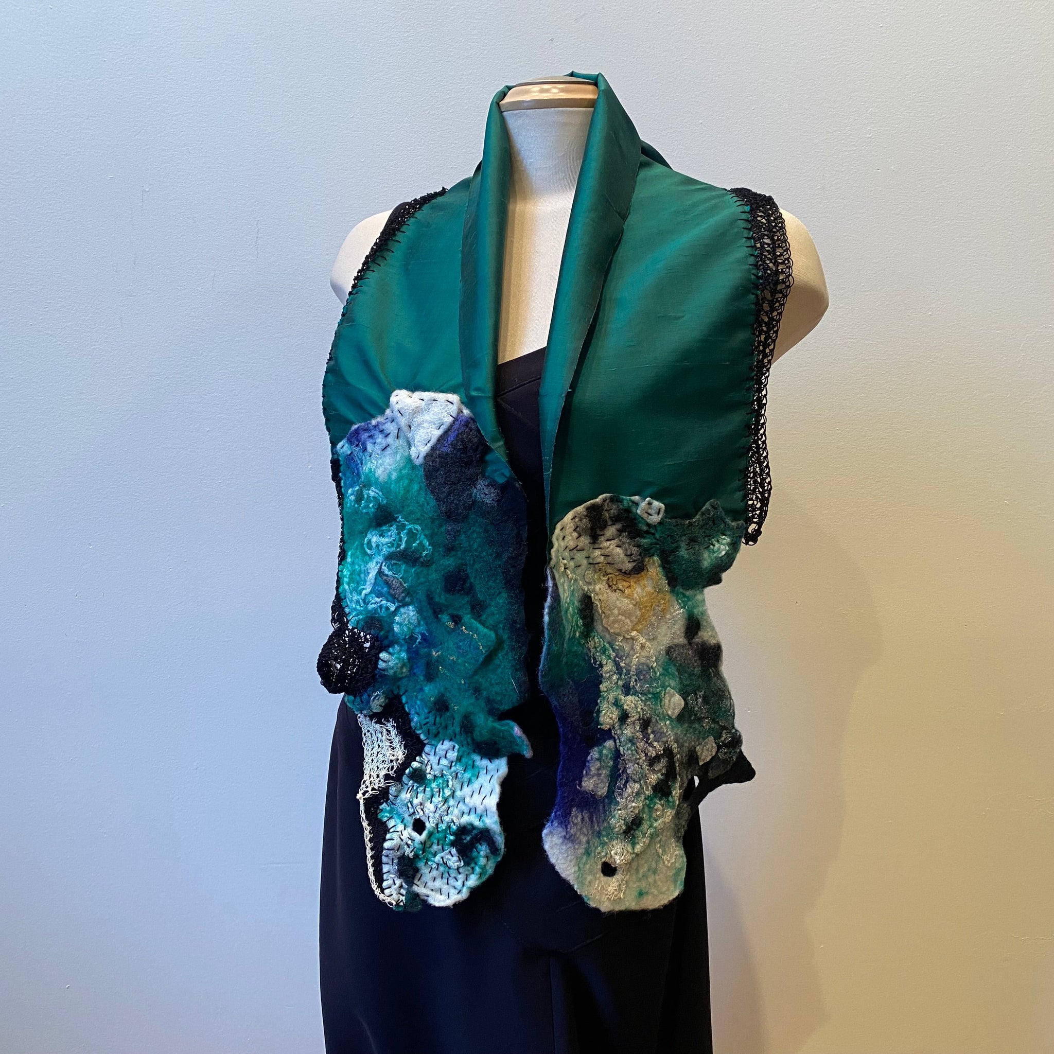 Emerald green silk and merino wool handcrafted shawl. hand felted and free hand crochet art to wear.